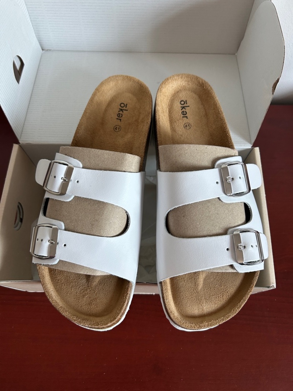 OKER White Double-Buckle Slide Sandals-leather